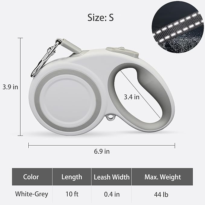 360° Tangle-Free Retractable Dog Leash, Heavy Duty Reflective Nylon Tape Lead 10 ft Long, up to 44lbs, One Touch Quick-Lock Braking System & Anti-Slip Handle (White-Gray, Small)