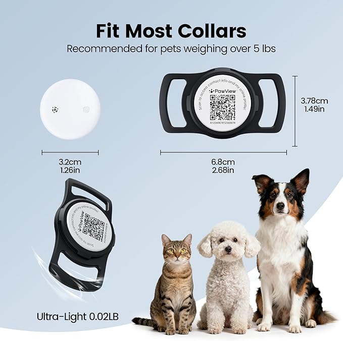 Smart Pet Tracker for Collar - Dog Trackers Location for Pet with Holder, No Monthly Fee, Real-Time Tracking, iOS Only, Emergency Contact, Long-Lasting, Anti-Lost Tracker for Cats, Bag Straps, Black