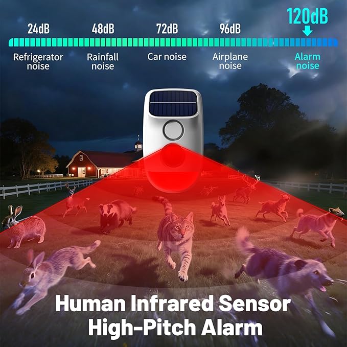 Solar Motion Sensor Alarm - 120dB IP65 Waterproof Security Siren with Strobe Light, 3 Modes for Yard/Farm/Home,16-26ft Pet-Friendly Detection (Buzzer Alarm)