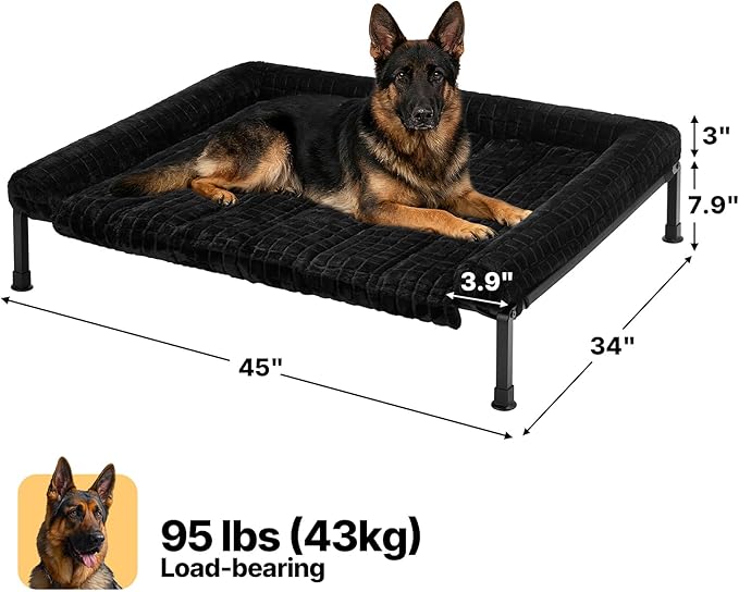 Veehoo Elevated Dog Bed Large Sized with Fluffy Plush Bolster Cushion, Washable Orthopedic Dog Couch Bed, Cooling Raised Pet Cot with Removable Mat, Breathable Mesh, No-Slip Feet, 45x 34 inches, Black