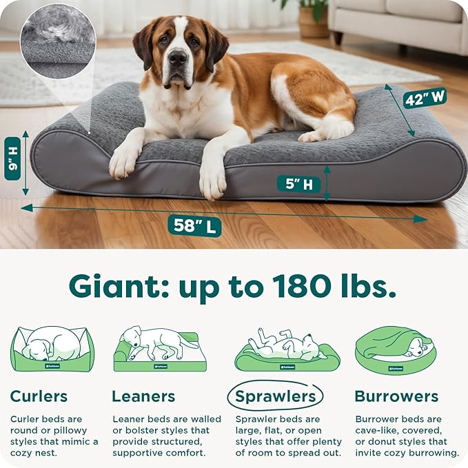 FurHaven Orthopedic Dog Bed for Large Dogs, Luxe Lounger Contour Mattress with Solid Orthopedic Foam Slab for Joint Support, Removable Washable Cover, Giant XXXL, Plush Suede, Gray