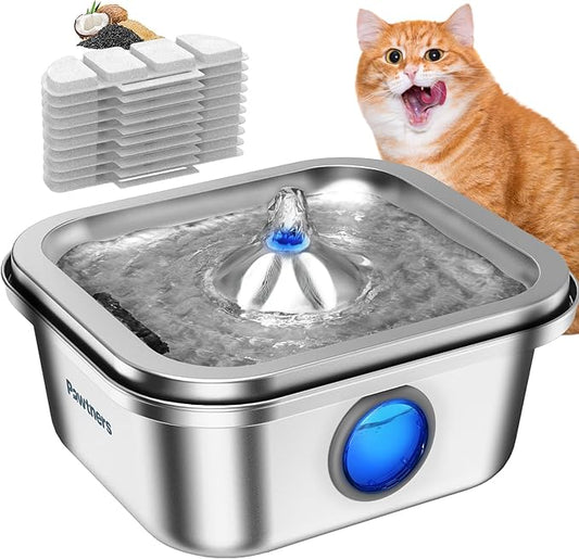 Cat Water Fountain Stainless Steel, 4L/135oz Cat Fountain, Automatic Dog Drinking Dispenser with Water Level Window, 10 Filters, Metal Pet Water Bowl Indoor, Quiet Pump, Easy Cleaning