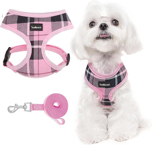 SCENEREAL Puppy Dog Harness with Leash Set for Small Medium Sized Dogs, Soft Mesh Step in Pet Harnesses and Leash, No Chock Plaid Adjustable No Pull Vest for Dogs Cats, Chihuahua,Bulldog (Pink XS)