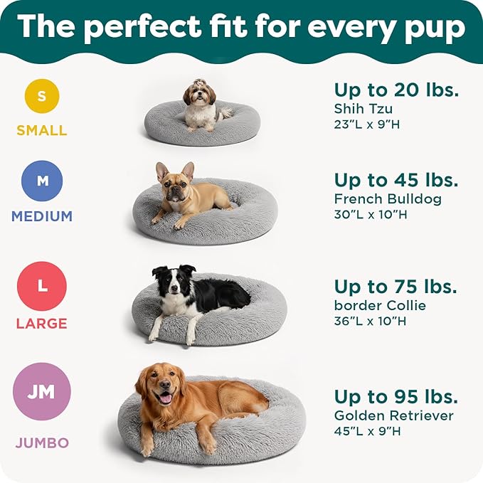 FurHaven 36" Calming Donut Dog Bed for Large Dogs, Round Plush Donut Design with Soft Filling for Snuggling Comfort, Removable Washable Cover, Large, Shaggy Faux Fur, Mist Gray