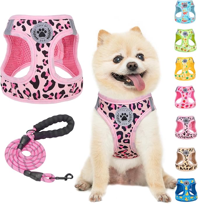 BEAUTYZOO Step in Dog Harness and Leash Set,Reflective Dog Harness No Pull No Choke Puppy Harness for Small Medium Large Dogs Cats,Soft Padded Mesh Vest Harnesses for Girl and Boy Pets, Leopard Pink S