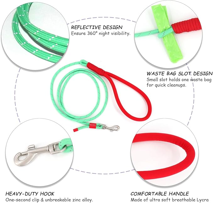 2 Pack Rope Dog Leash, 4.5 ft Lightweight Premium Rope Leash with Comfortable Padded Handle, Reflective Dog Leashes for Small and Medium Dogs, Kid-Friendly Family Set