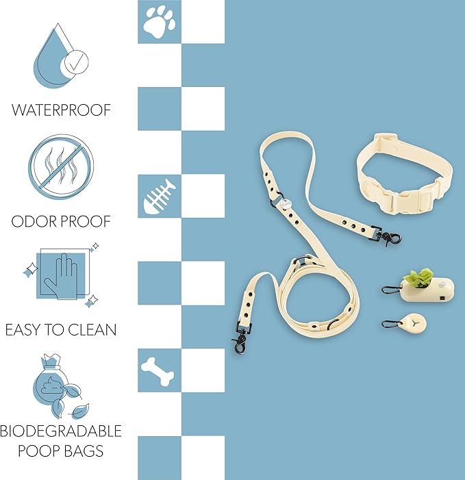 WLK1005L-5SET Luna Medium 8FT Adjustable 6-in-1 Waterproof Hands-Free Leash and Collar with LED Flashlight, Bag Dispenser, and Poop Bag Holder, Bailey