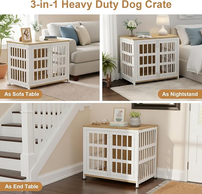 27" Dog Crate Furniture for Small Dogs, Heavy Duty Dog Cage for Small & Medium Dogs with Wheels, Indoor Puppy Crate, 26.6"L x 20.9"W x 23.8"H, Decorate House as TV Stand, End Table — Natural and White