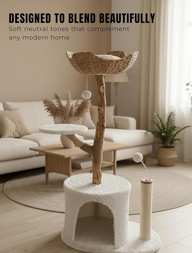 Real Wood Modern Cat Tree Tower for Indoor Cats – Multi-Level Stylish Cat Condo with Woven Basket, Plush Cushions, Scratching Post, Cave & Toys, White
