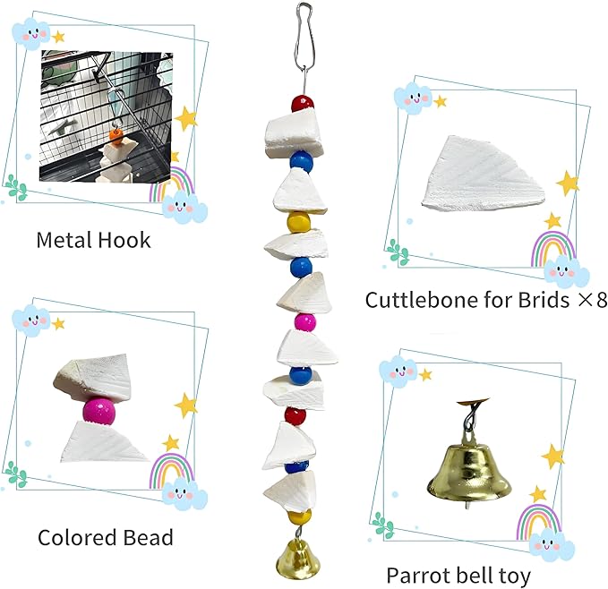 Parrot Toys 4-Pack with Cuttlebone for Birds - Calcium Chew Toys & Grinding Stone for Parakeets, Budgies, Cockatiels, Lovebirds - Promotes Beak Health, Prevents Destructive Chewing, Easy to Install