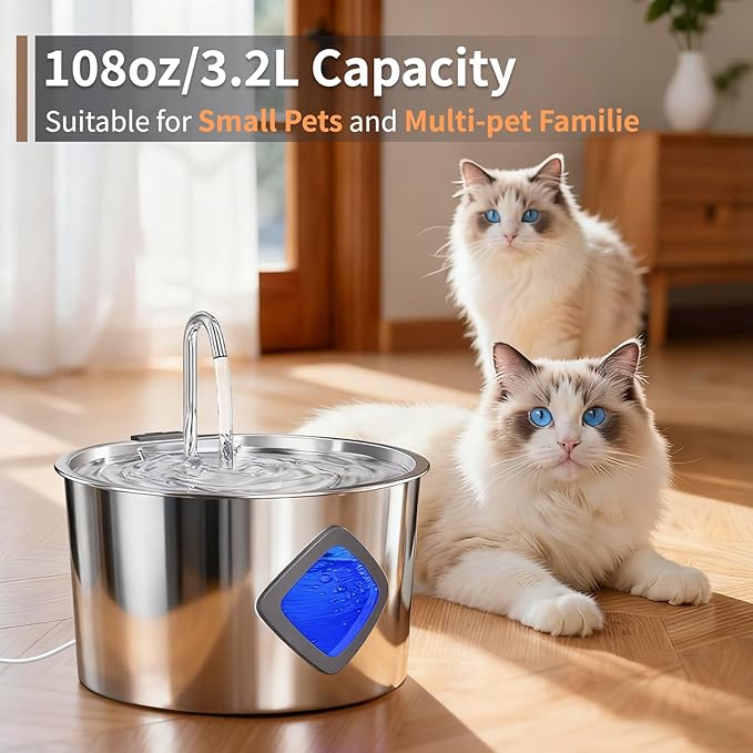 Cat Water Fountain Stainless Steel: 108oz/3.2L Automatic Pet Water Fountain for Cats Indoor- Quiet Cat Water Bowl Dispenser- Drinking Fountain for Small Dogs & Kitties-4 Filters + 4 Sponges