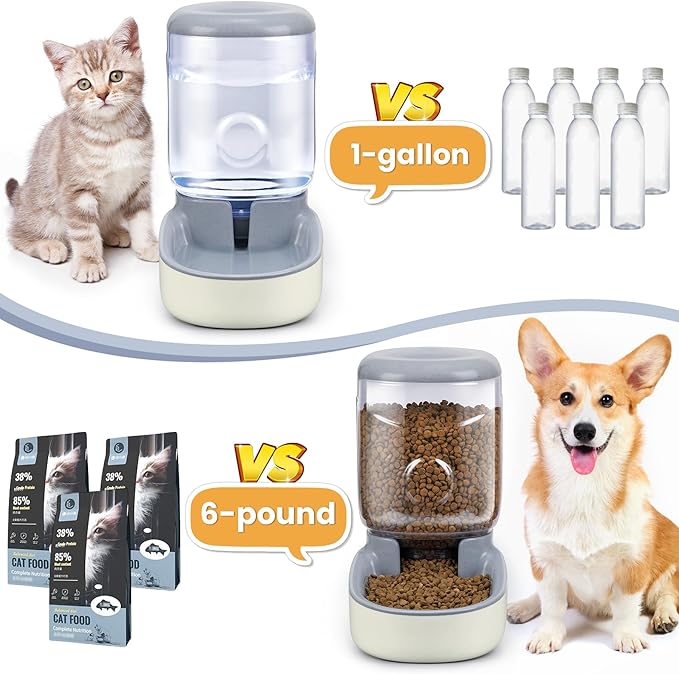 2 Pack Automatic Cat Feeder and Water Dispenser Pet Feed Bowl Dog Gravity Food Feeder and Waterer Set for Small Medium Pets Puppy Kitten 1 Gallon