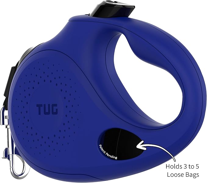 TUG Oval 360° Tangle-Free Retractable Dog Leash with Integrated Waste Bag Dispenser (Small, Blue)