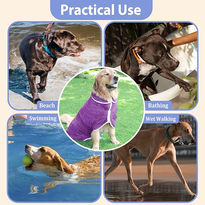Dog Bathrobe Towel Dog Drying Coat - Super Absorbent Towels Bath Robe for Dogs Large, Soft Adjustable Collar & Belly Strap Fast Drying Coat Pet Cat Bath Robe (Violet, Medium)