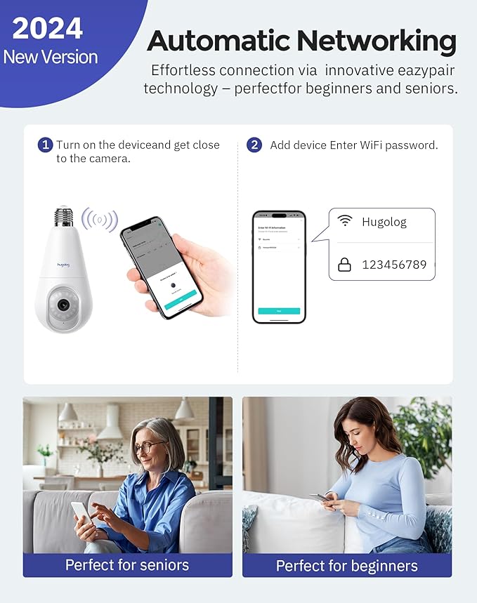 Hugolog 2K 3MP Light Bulb Security Camera 5G& 2.4GHz WiFi, 360° Wireless Outdoor Indoor Camera for Home, Motion Detection, Two-Way Talk, Color Night Vision, Siren Alarm, Compatible with Alexa(2 Pack)
