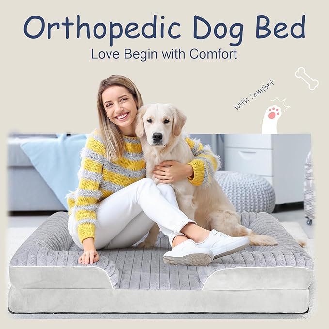 Orthopedic Dog Bed for Large Medium Sized, Washable Memory Foam Large Dog Bed Premium Soft Corduroy Fleece, Durable Medium Pet Sofa with Removable Cover, Washable Waterproof Pet Couch Beds(Grey, XXL)