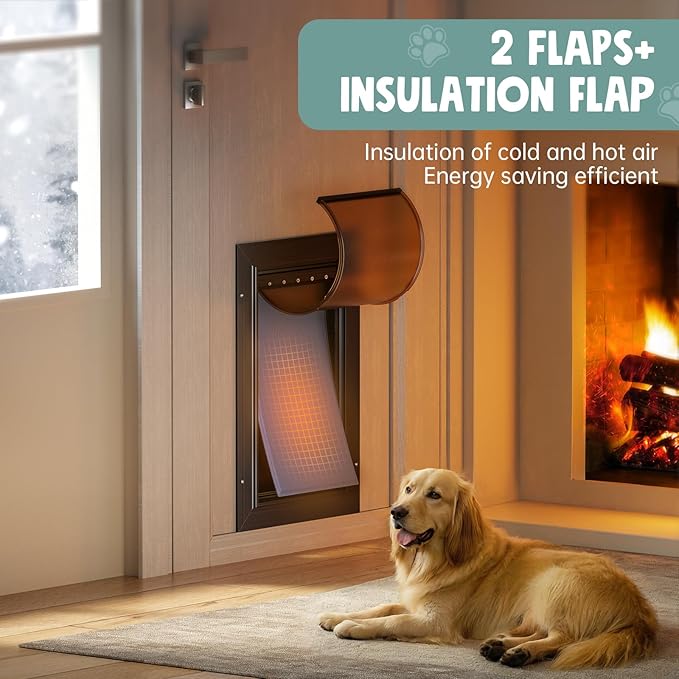 Dog Door For Door All Aluminum 3 Flaps, Medium Doggy Doggie Door, Cat Door Black, Heavy Duty Pet Door for Dogs Cats, With Insulation Flap, Telescoping Tunnel, Sliding Closing Panel, for Pet Up to 45lb