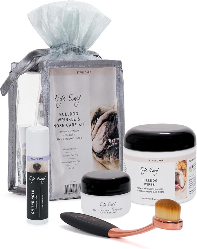 Eye Envy Bulldog Wrinkle Cleaner & Nose Care Kit. Bulldog Wrinkle Wipes, Tear Stain Powder, Applicator Brush & Dog Nose Balm. Cleans Skin Folds. Removes Stains. Helps Cracked Noses. Made in USA