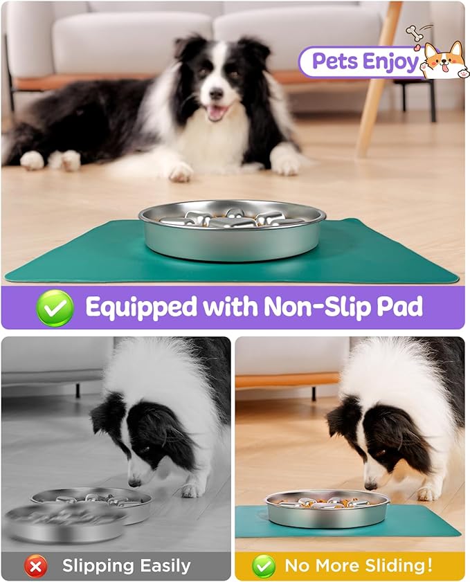 Slow Feeder Dog Bowls with Non-Slip Mat, Stainless Steel Metal Slow Feeder for Small & Medium Dogs, 2 Cups Pet Bowl for Slows Down Eating, Dishwasher Safe, Anti-Gulping Dog Bowl -2 Pack