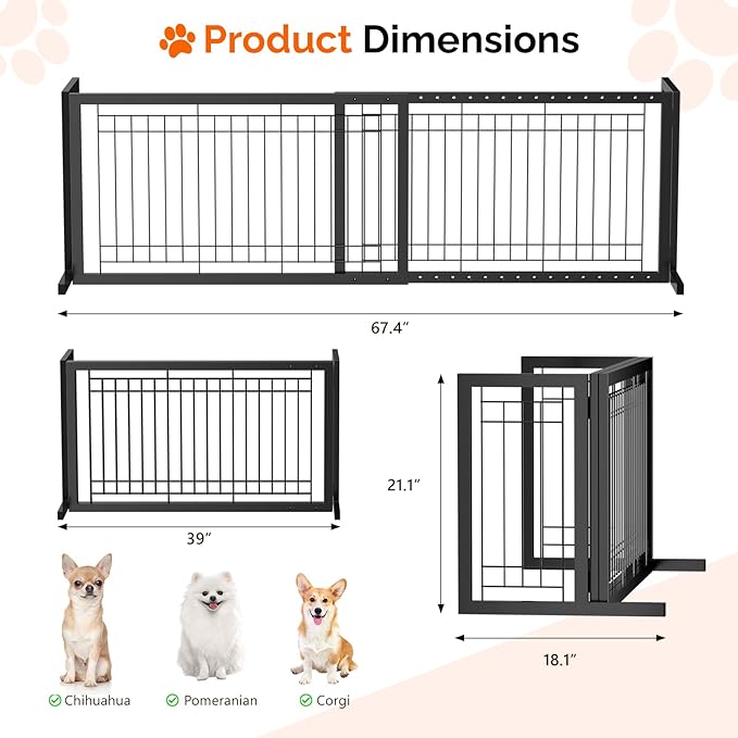 Bonnlo Free Standing Dog Gate, 37" - 68" Wide Pet Gate for Fireplace Stairs Doorways, Metal Adjustable Pet Fence Indoor, Christmas Tree Gate (Metal-Black)