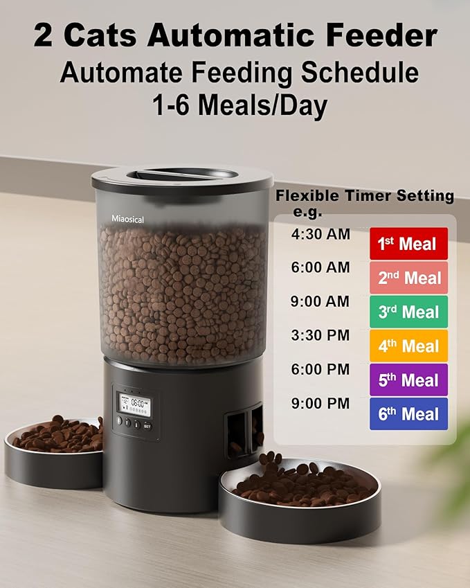 Automatic Cat Feeder for 2 Cats, 4.2L Dual Food Dispenser, Up to 6 Meals/Day, Portion Control, Voice Message, Dual Power Options (Transparent+Black, Dual Stainless Steel Bowls)
