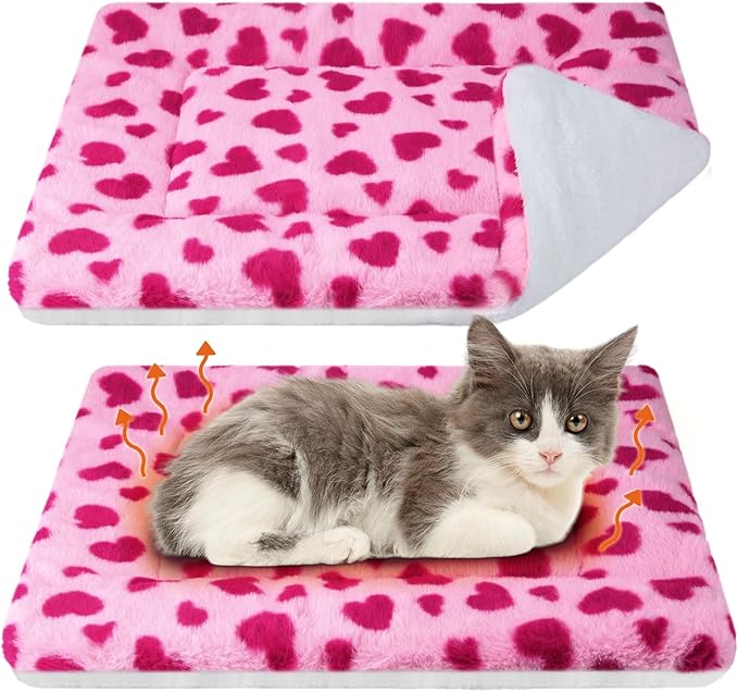 VitalCozy 2 Pack Self Warming Cat Mat Self Heating Pad Bed Reversible Machine Washable Reflects Body Heat Warm Thermal Pet Pad Crate Blanket for Feral and Indoor Cat(Pink, Red,22'' X 18'',Heart)