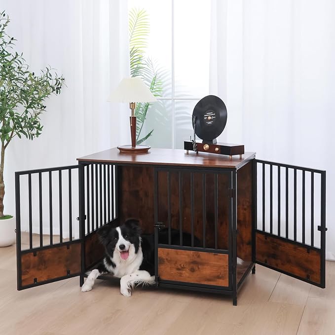 37.4" Wooden Dog Crate Furniture – Chew-Resistant Kennel for Medium/Large Breeds,3-Door Indoor Kennel with 3.1" Raised Feet, Multi-Functional TV Stand & End Table