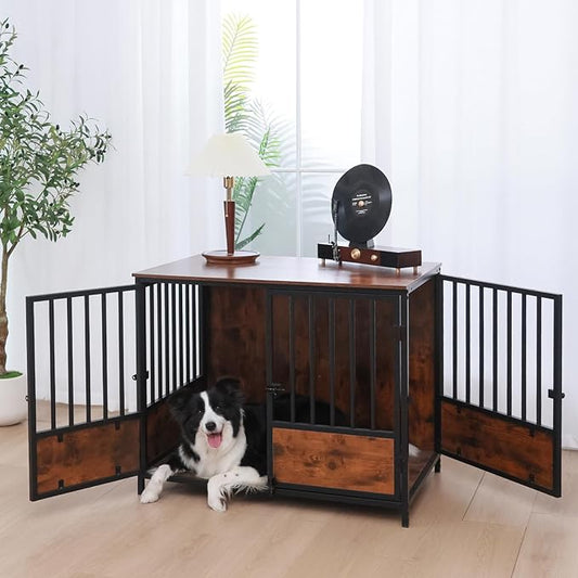 37.4" Wooden Dog Crate Furniture – Chew-Resistant Kennel for Medium/Large Breeds,3-Door Indoor Kennel with 3.1" Raised Feet, Multi-Functional TV Stand & End Table