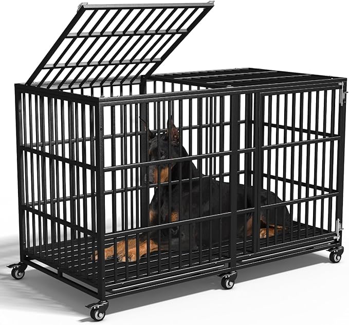 Extra Large Dog Crate for Large Dogs, 64 inches Heavy Duty Dog Crate,Indestructible Dog Kennel for High Anxiety Dogs, Lockable Wheels, Double Door, Removable Tray