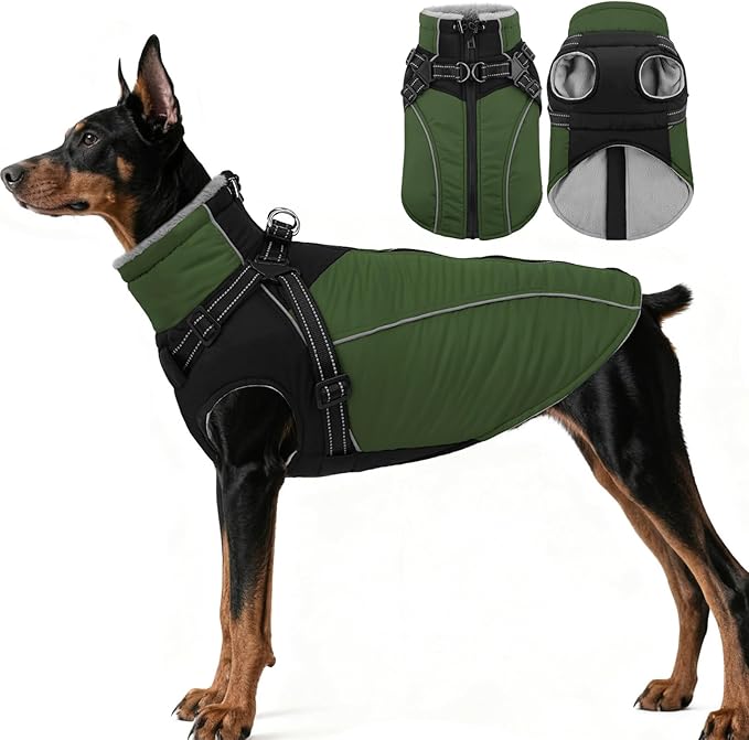 ASENKU Reflective Dog Coat with Built-in Harness, Windproof Fleece-Lined Dog Jacket for Small, Medium, Large Dogs, Warm Winter Vest with Turtleneck & Zipper (Green 2XL)