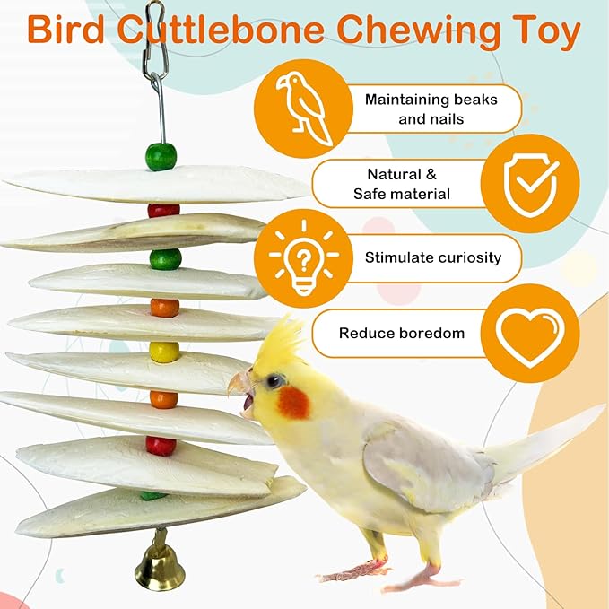 3 Pack Bird Chewing Toy Cuttlebone Parrot Toy with Bell Hanging Bird Beak Grinding Stone Parakeet Cage Accessories for Small & Medium Budgies Lovebirds Cockatiels (Flake,8 Per Skewer)