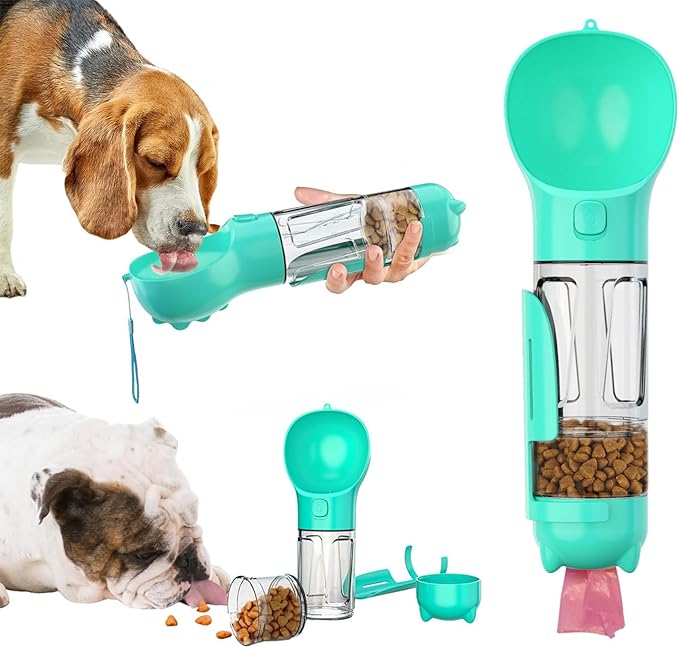 16.9oz Portable Pet Water Bottle Food Container,Travel Drink Feeder Cup Food Dispenser with Poop Shovel 17Pcs Waste Bag,for Dog Pets Walking Hiking (Blue, 10.1oz(300ml))