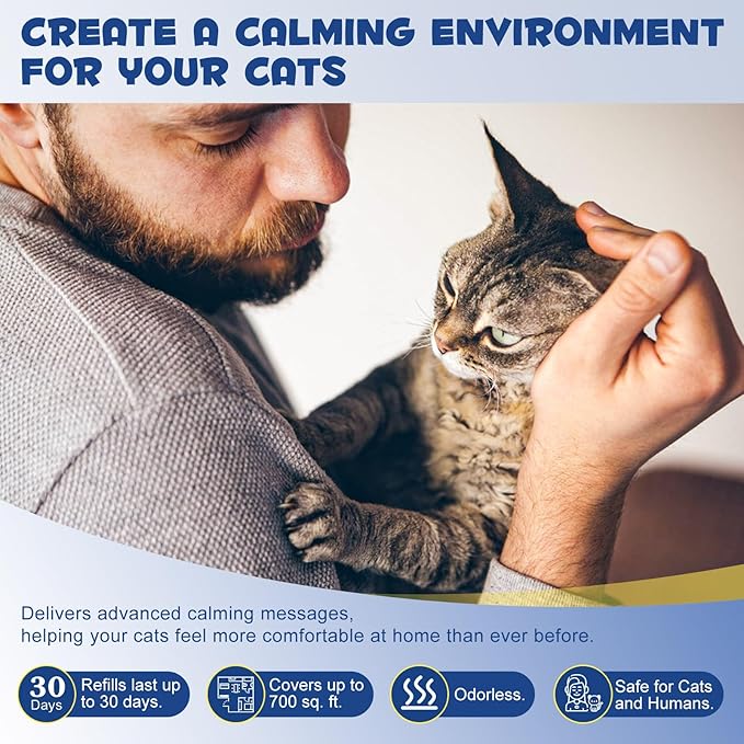Cat Calming Diffuser Kit 60 Days, Cat Pheromones Calming Diffuser Effectively Relieve Anxiety Stress Fighting Scratching, Pheromone Diffuser for Cats -(1 Diffuser + 2 Refill)