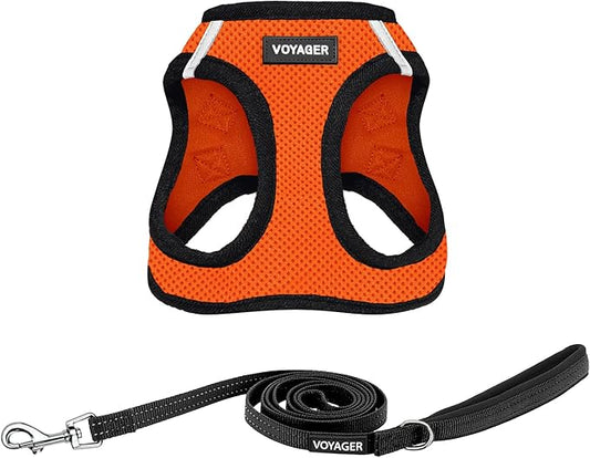 Voyager Step-in Air All Weather Mesh Harness and Reflective Dog 5 ft Leash Combo with Neoprene Handle, for Small, Medium and Large Breed Puppies by Best Pet Supplies - Orange/Black Trim, Small