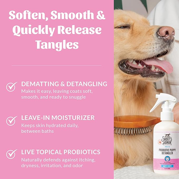 Skout's Honor Probiotic Pet Detangler Spray- Hydrating & Conditioning w/Avocado Oil, 97% Natural, Paraben & Sulfate-Free, softens for a More brushable Coat, Daily Use, 8oz, Happy Puppy, 2-Pack