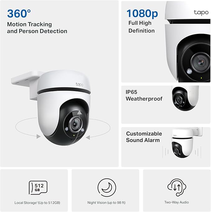 Tapo 1080P Outdoor Wired Pan/Tilt Security Wi-Fi Camera, 360° View, Motion Tracking, Works with Alexa & Google Home, Night Vision, Free AI Detection, Cloud & SD Card Storage(up to 512GB), Tapo C500…