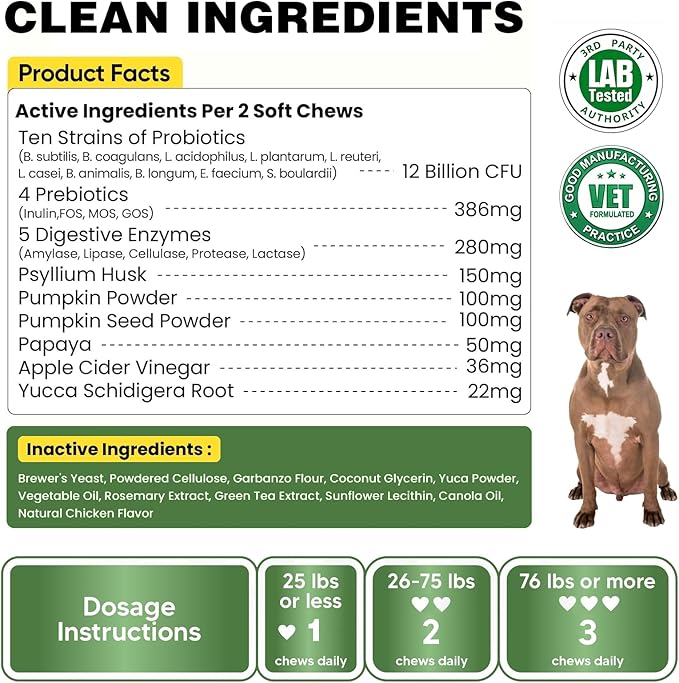 Probiotics for Dogs - 180 Dog Probiotics Chews with 5 Enzymes & 4 Prebiotics for Digestive and Gut Health - Diarrhea & Bowel Support, Yeast Balance, Immunity, Allergies & Itchy Skin (Chicken)