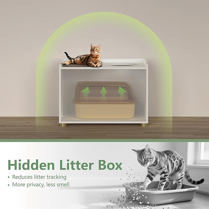 Top Entry Litter Box Enclosure, Modern Flip Top Litter Box Furniture with Cat Scratch Mat, Side Table (White)