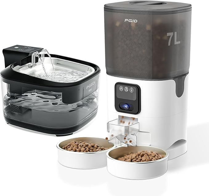 FGID Automatic Cat Feeder and Water Dispenser, Wire or Battery Cat Food Dispenser Timer Pet Feeder Dog Feeders w Camera,Programmable Portion Control, 4 Daily Meals, 10s Voice Recorder