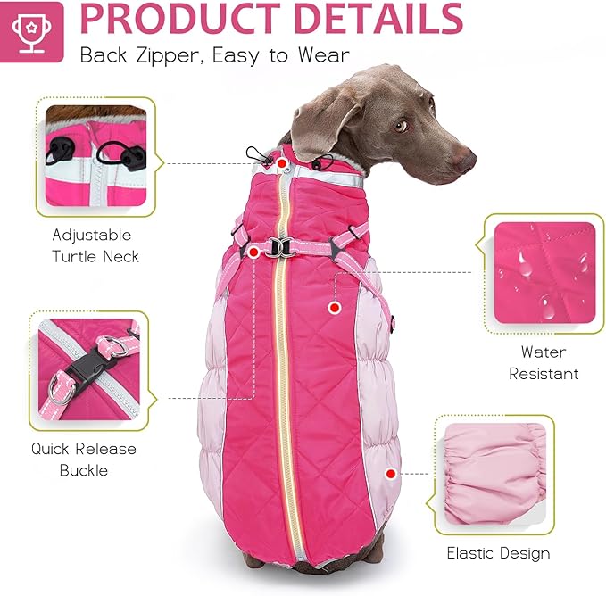 Dog Winter Coat with Harness, Dog Jacket, Pet Clothes with Zipper on Back, Waterproof Windproof Warm Vest, Reflective Cold Weather Coats, for Small Medium Large Dogs, Thick, Pink, L