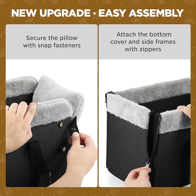 Upgraded Zipper Center Console Dog Car Seat for Small Dogs, Pet Booster Seat with Safety Hook & Adjustable Strap,Washable Center Console Car Bed with Storage Pocket for Pets up to 15lbs