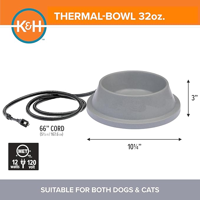 K&H Pet Products Thermal-Bowl Heated Water Bowl for Cats & Dogs Outside, Safety Listed Outdoor Heated Dog Dish for Pets, Automatic No Freeze, Anti Chew Cord - 32 Ounces Gray 12W