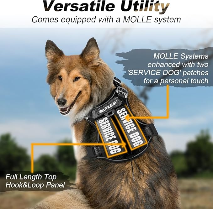 BARKBAY Service Dog Vest Tactical Dog Harness Medium Large Sized Dog Tags Personalized No Pull Adjustable Harness Reflective K9 Working Training Easy Control Military Molle System(Black,XL)