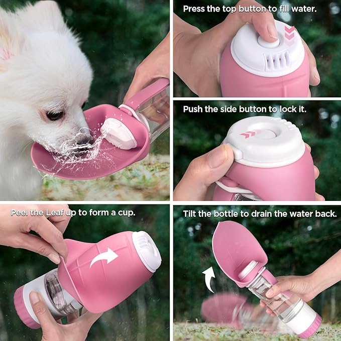 Dog Water Bottle, Pet Water Bottle with Food Container and Drinking Feeder, Leak Proof, BPA-Free, Portable Foldable Puppy Water Cup Dispenser for Outdoor Walking, Travel, Hiking Small Pink