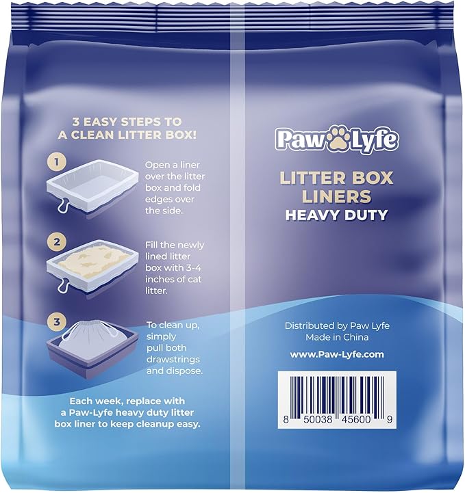 PawLyfe Jumbo Cat Litter Box Liners - 4MIL Extra Thick Heavy Duty Drawstring Kitty Litter Bags - Scratch and Tear-Resistant XL Cat Pan Liners for Easy Litterbox Cleanup - 36" x 18" - Box of 20 Liners