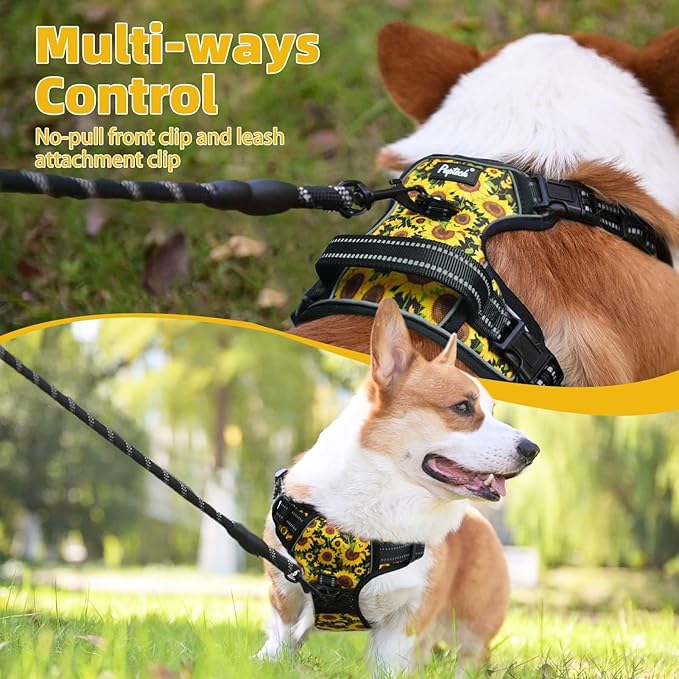 PUPTECK No Pull Dog Harness for Large, Adjustable Reflective Dog Harness with Handle Easy Control, Comfortable Soft Padded Pet Vest Harness for Extra Large Dogs, Sunflower XL