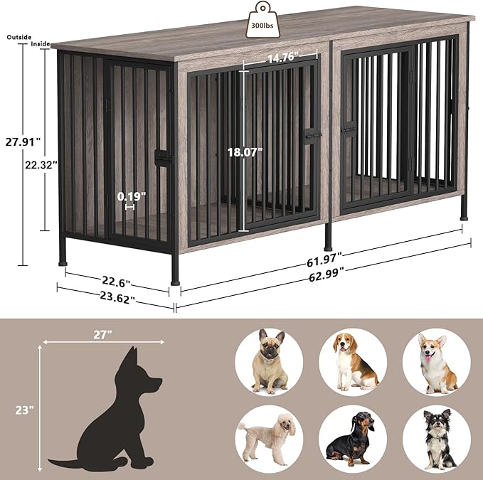 EasyCom Dog Crate Furniture for 1 or 2 Dogs, Heavy Duty Single/Double Dog Crates for Small/Medium/Large Dogs, Dog Kennel Furniture Indoor as TV Stand, Medium Size 63" L(20-35 Pounds), Oak Grey