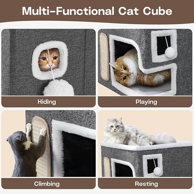 Cat Houses for Indoor Cats - Large Cat Bed Cave with Fluffy Ball and Scratch Pad, Foldable Cat Condo Hideaway for Multi Small Kitten & Pet, Grey