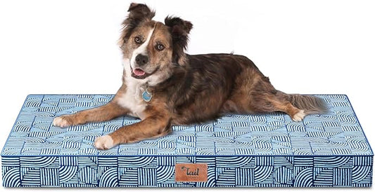 Outdoor Orthopedic Dog Bed, Waterproof Dog Bed for Large Dogs 36x27 Inch, Egg Crate Foam Pet Mat with Washable Removable Oxford Cooling Cover, White Blue