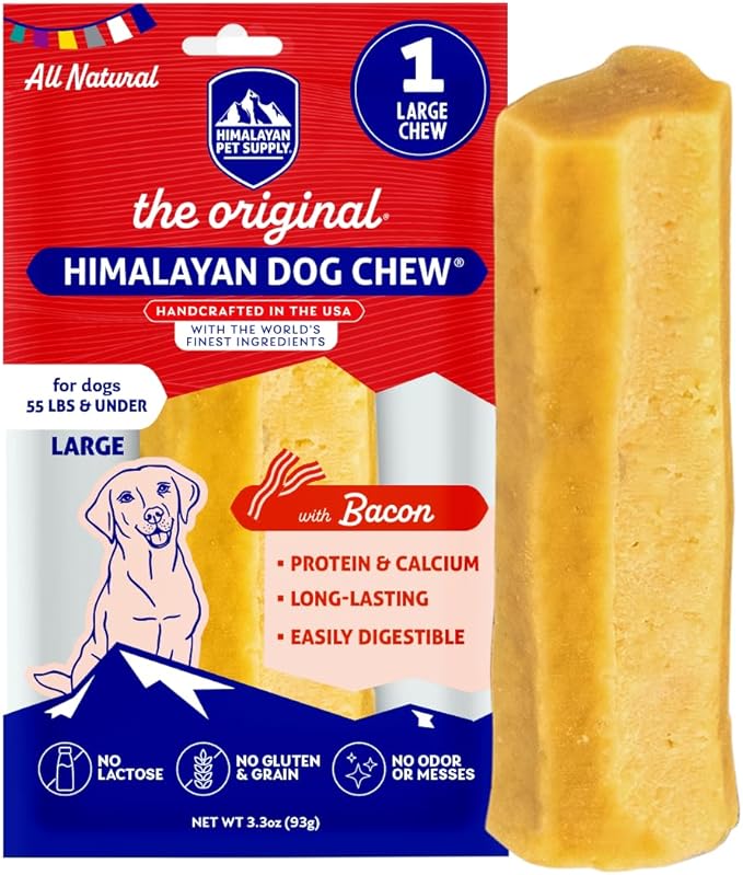 Himalayan Dog Chew Original Yak Cheese Chew, Bacon, 1 Large Stick, 3.3 oz, Gluten Free, Healthy Treats, Grain & Lactose Free 100% Natural, Long Lasting Chews for s Under 55 lbs